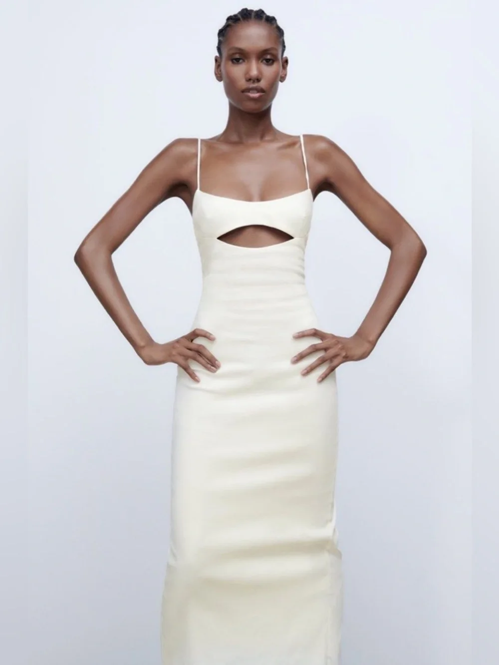 Zara White Linen Blend Dress with Cut-Out - Picture 2 of 7
